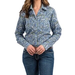 Cinch Womens Button Up Shirt XL Blue Paisley Long Sleeve Cotton Western Rodeo